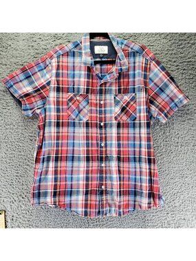 Flag & Anthem Shirt Mens XXL Red & Blue Plaid Short Sleeve Button Up Classic Fit